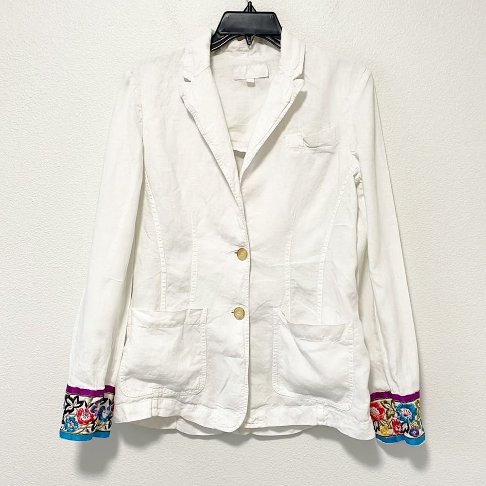 ETRO 100% Linen White Blazer With Embroidered Details Sleeves Size 44